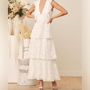 White Lace Ruffled Tiered Sleeveless Maxi Dress - Size S